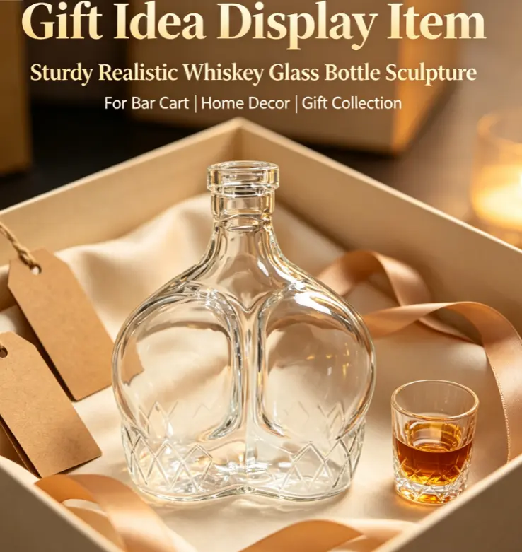 Sturdy 1-Piece Realistic Whiskey Glass Bottle Sculpture - Bar Utensil Beverage Container, Home Decorative Liquor Holder, Gift Idea Display Item