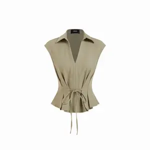 Cider V-Neck Ruched Ruffled Tie Front Blouse