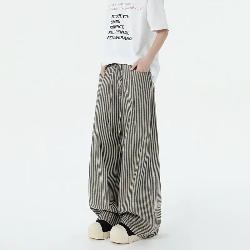 Men's High-Waist Striped Polyester-Viscose-Cotton Pants with Pocket, Straight-Wide Legs, Button Closure, Breathable Fabric - American Retro Casual Bottoms, Straight Legs