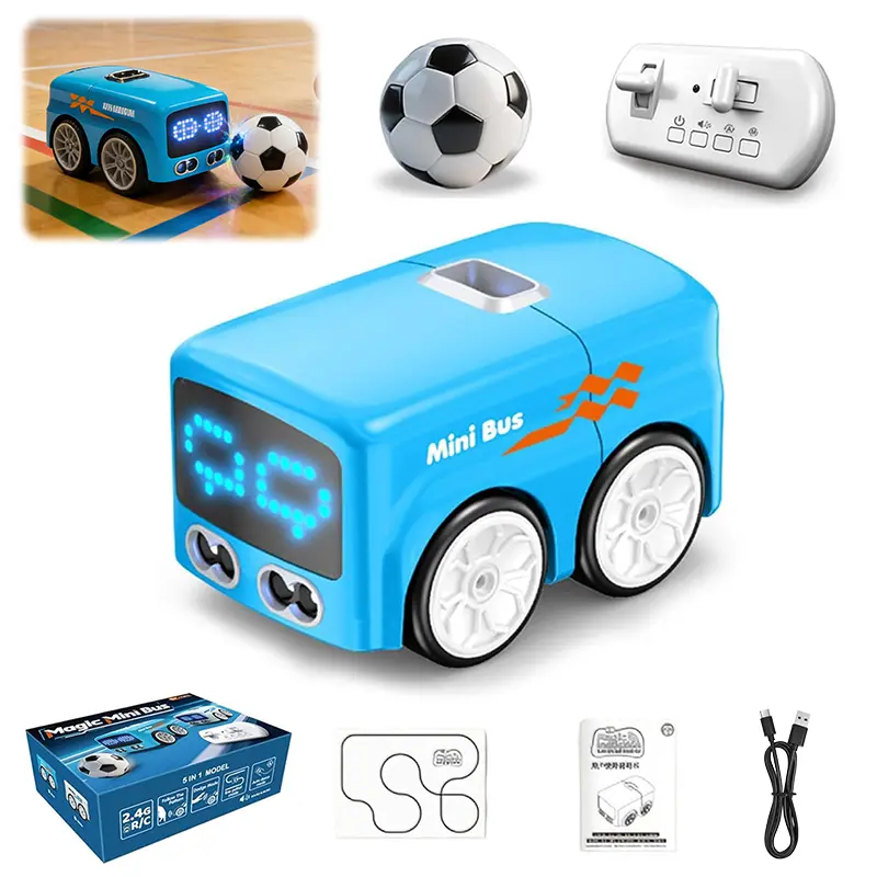 Magic Mini RC Bus, 4 in 1 Line Following Remote Control Toy, Blue | Rechargeable mini RC bus with line following, gesture follow, escape mode, 2.4GHz control, and 9 animated LED expressions