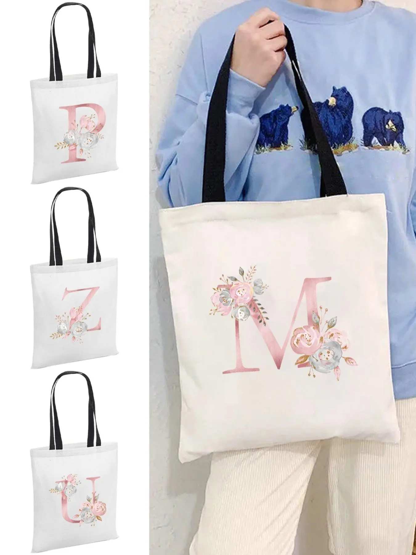 Fashion Letter Pattern Canvas Shoulder Bag, Fashionable Patterned Bag, Large Capacity Monogram Canvas Tote Bag for Women, Commuting Carrying Bag, College Student Outfit Book Shoulder Bags, Folding Eco-friendly Shopping Bag