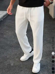 Men's Solid Color Textured Elastic Drawstring Waist Pants, Regular Fit Lightweight Casual Comfy Breathable Straight Leg Trousers for Daily Wear, Men's Bottoms for All Seasons, Casual Sporty Trousers, Casual Minimalist Trousers
