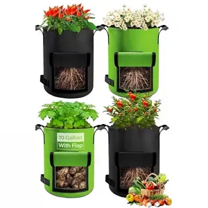 4pcs Potato Grow Bags with Flap 10 Gallon (Approx. 35.7 Liters), Planter Pot with Handles and Harvest Window for Potato Tomato and Vegetables, Black and Green, Potato Growing, Indoor Planting, Contemporary Planter, Flap