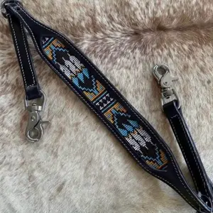 Native American Design Beaded Black Leather Western Wither Strap