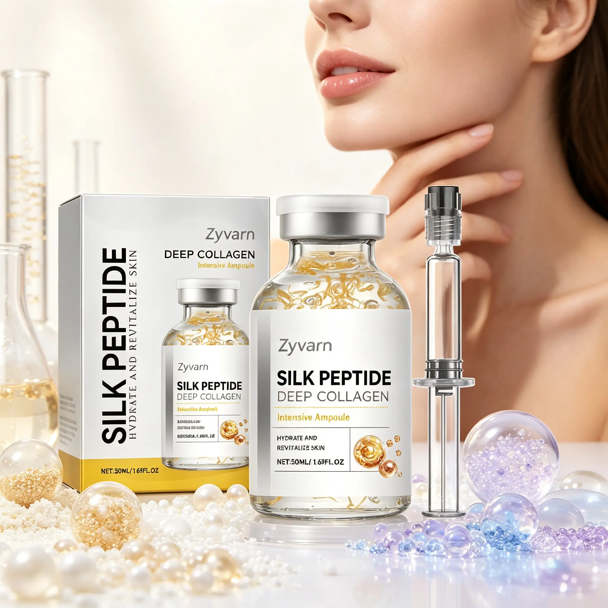 Zyvarn Silk Peptide Collagen Ampoule 1.69fl.oz – Lightweight Hydrating Face Serum, Supports Skin Softness & Radiance, Moisture-Boosting Essence for All Skin Types Daily Dropper