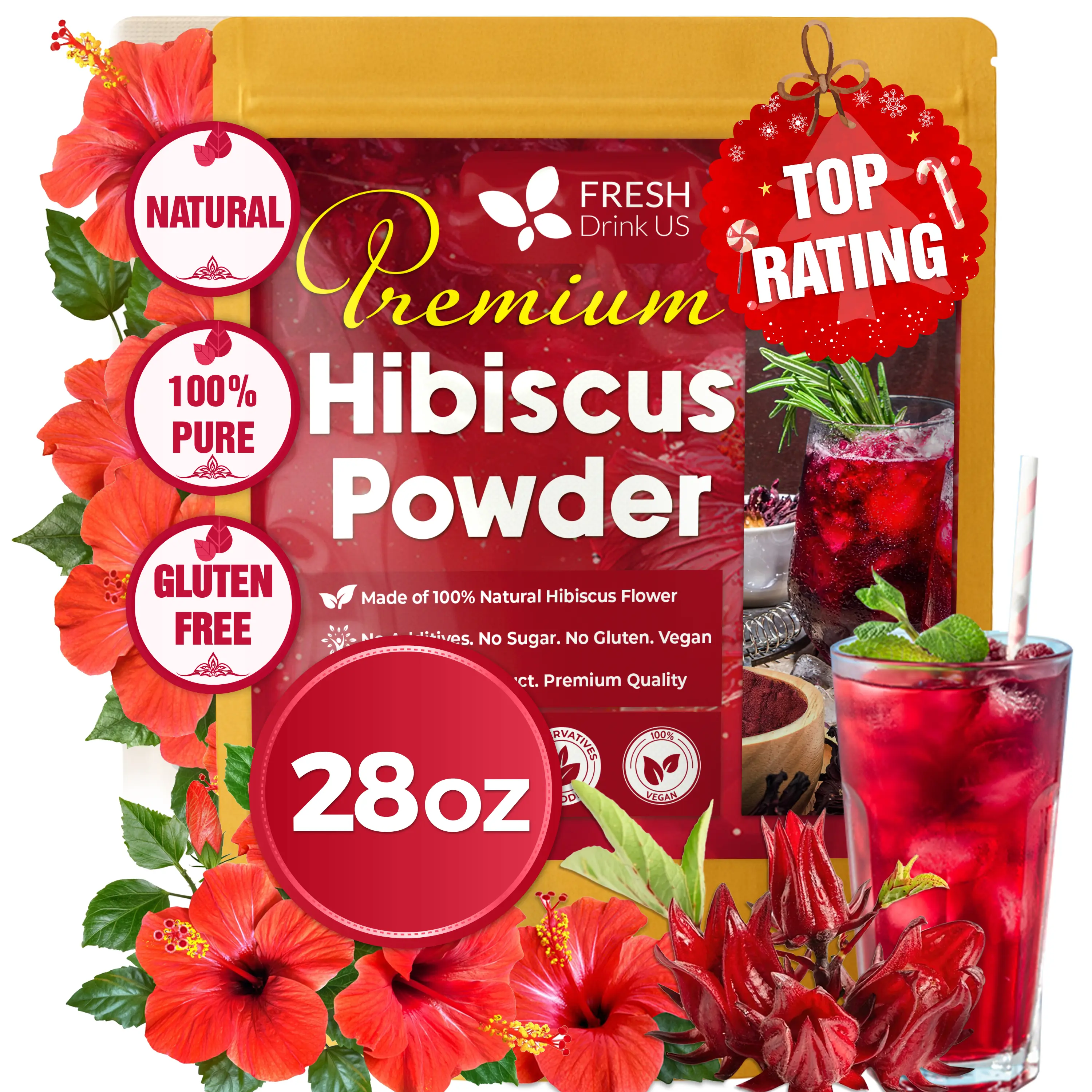FreshDrinkUS, Premium 28oz Hibiscus Flower Powder, 100% Natural and Pure from Hibiscus Flowers, Natural Food Coloring, Hibiscus Flowers Tea, No Additives, No Gluten, No Sugar, Vegan