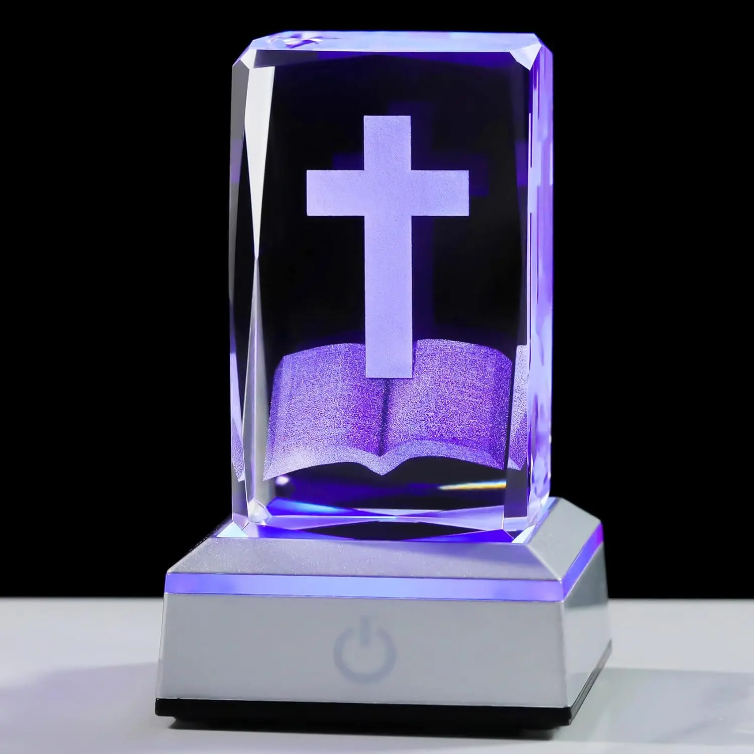 3D Glass Crystal Cross Figurine with Colorful Light Base - Laser Engraved Night Light, Religious Gift for Christians for Baptism, Home Office Decor Collectible