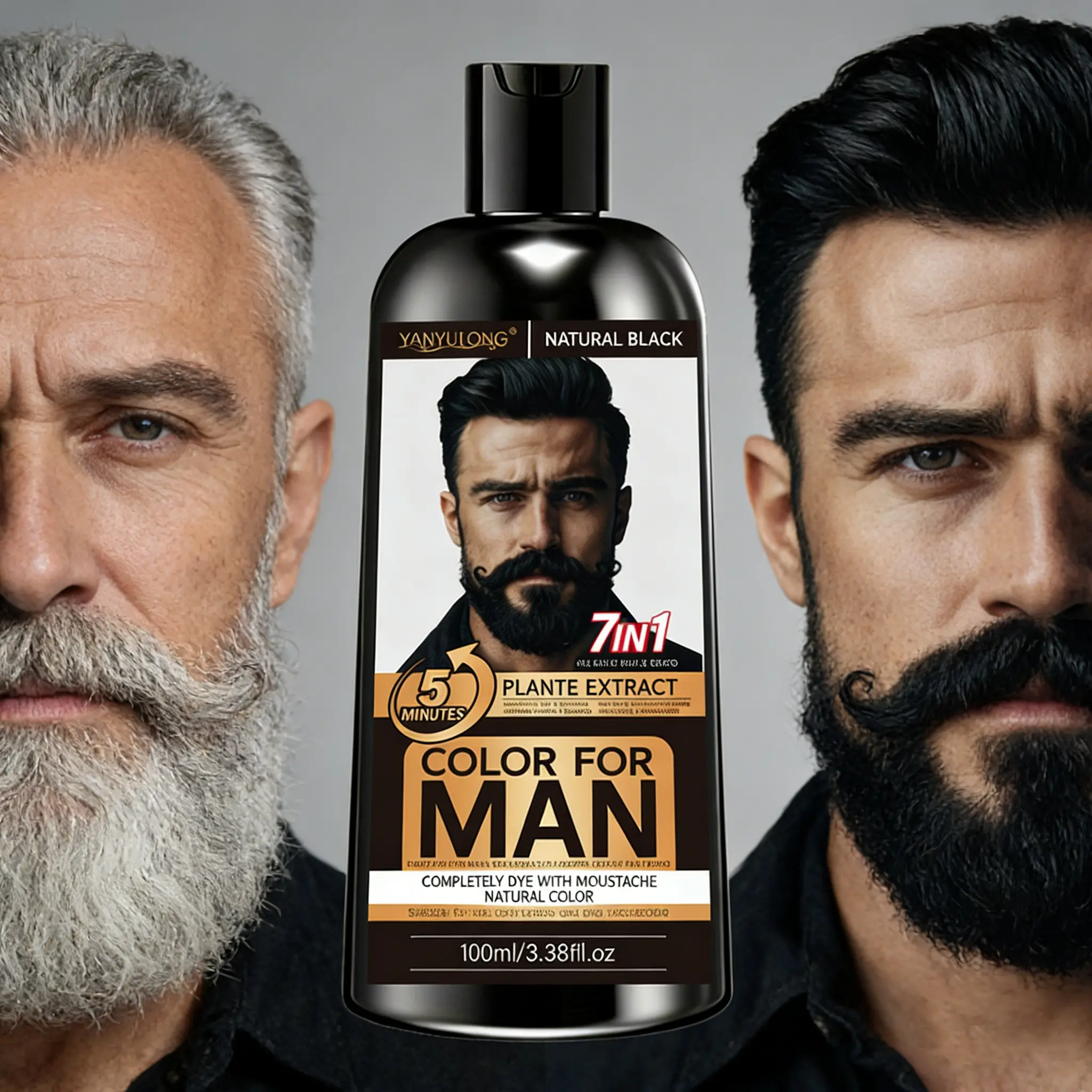 100ml men's beard hair dye shampoo, 7-in-1 multi effect care Hair Care Solution, Haircare Liquid, plant extracts for quick coloring in 15 minutes, suitable for both beard and hair, covering gray and white hair to create a natural shiny black effect