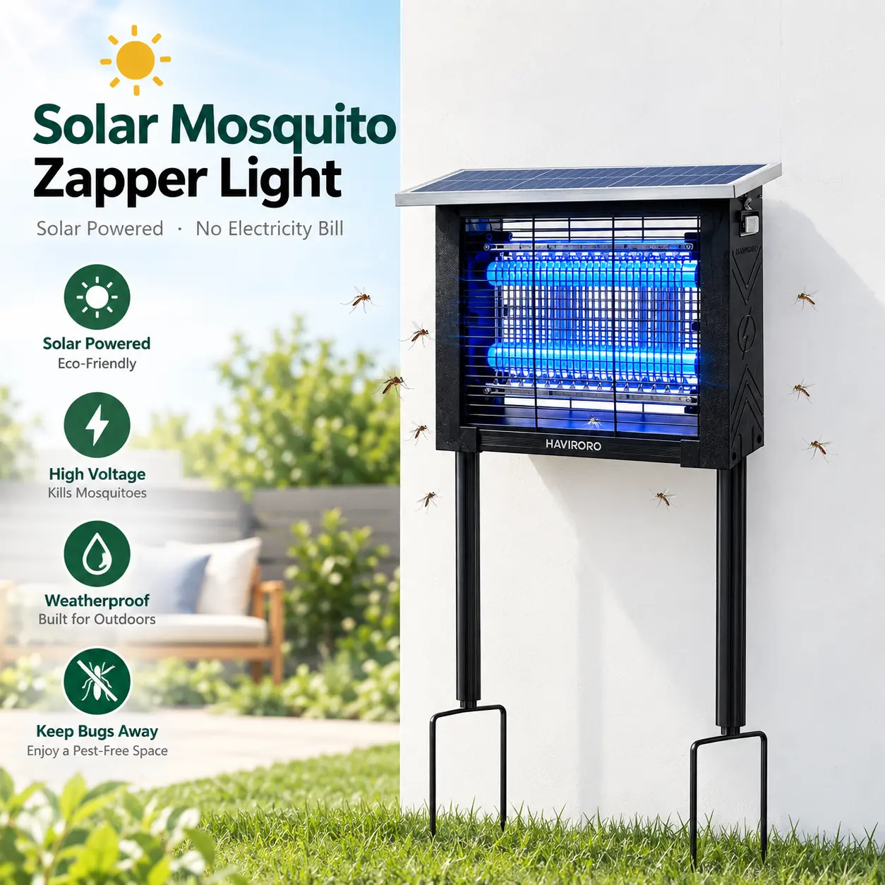 Anti-Mosquito Electronic Mosquito Killer Solar Bug Zapper - Bright UV Light, 4500V Zap Power, Rechargeable Cordless Cells, IP67 Waterproof, Hang/Stand/Ground Mount, Fly & Insect-Control Trap for Patios, Decks (Fly Control Solutions)
