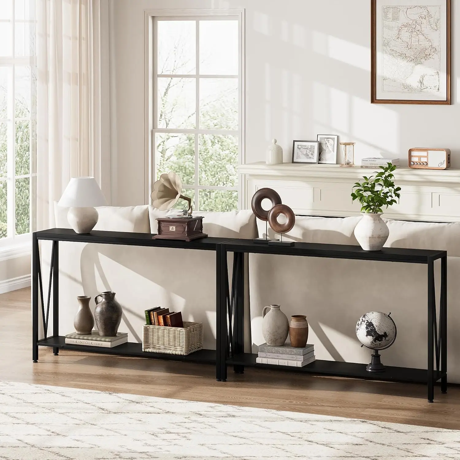 43-Inch Narrow Profile Modern Accent Table - 2-Tier Industrial Console Table with V-Design, Iron Frame, Sturdy Base, Storage Space, Black Indoor Furniture for Entryway, Sofa Area, Modern Accent Tables