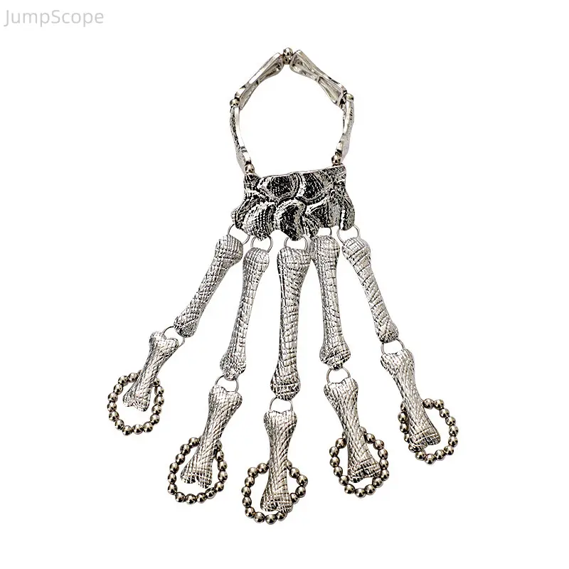 Hand Harness Bracelet, Gothic Metal Skeleton Hand Chain with Skull Claw Linked Rings, Vintage Goth Jewelry for Halloween Role Play, Metal Bone, Full Hand Chain