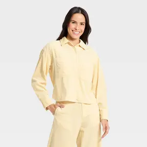 Women's Long Sleeve Cropped Corduroy Collared Neck Button-Down Shirt - Universal Thread Cream S