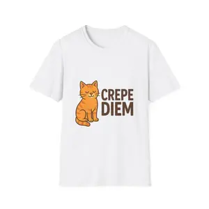 Women's funny cat with pun on 'carpe diem' Graphic T-Shirt - Short Sleeve Crew Neck Regular Fit Casual Wear | Soft & Breathable Fabric, Durable Print, Everyday Comfort, Machine Washable, cute and playful cartoon illustration casual wear featuring a