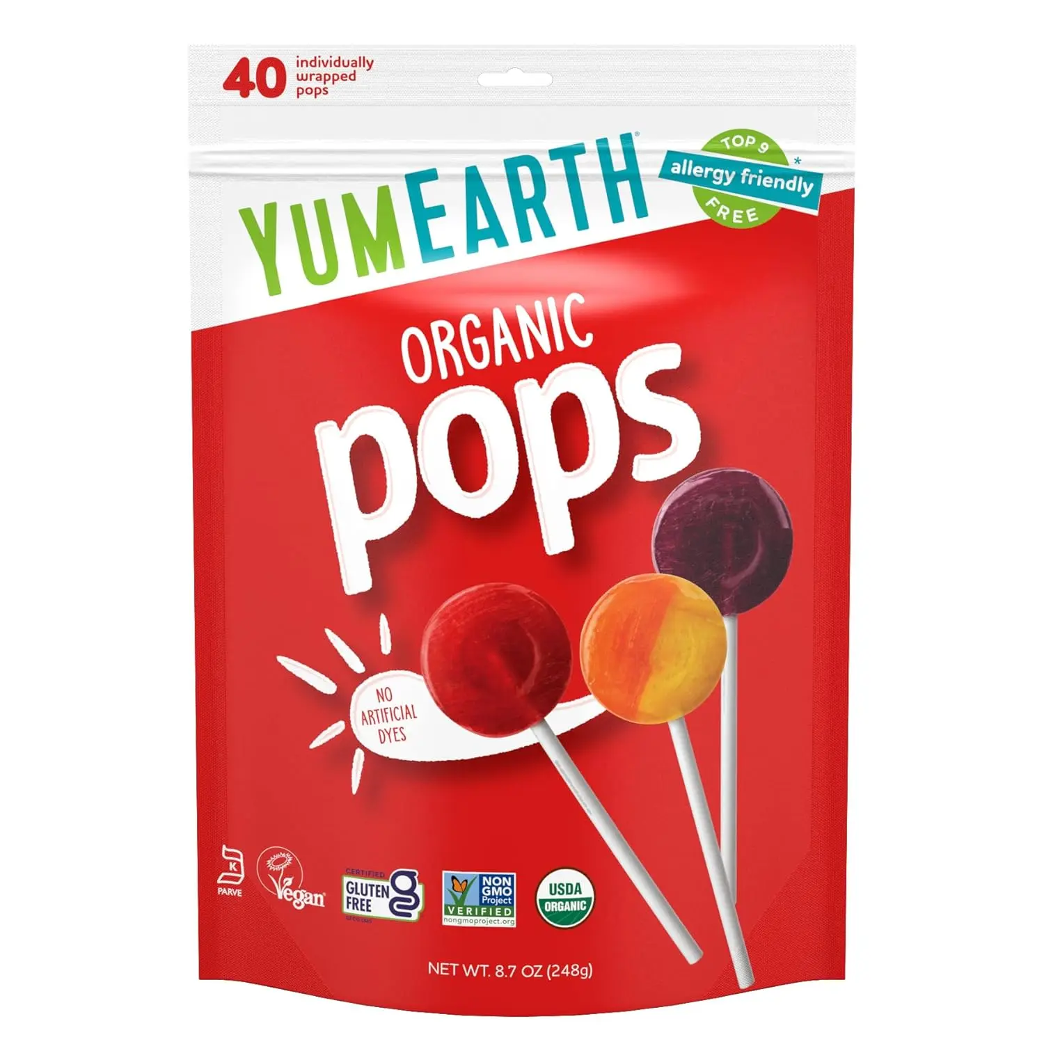 YumEarth Organic Pops Variety Pack, 40 Fruit Flavored Favorites Lollipops, Allergy Friendly, Gluten Free, Non-GMO, Vegan, No Artificial Flavors or Dyes
