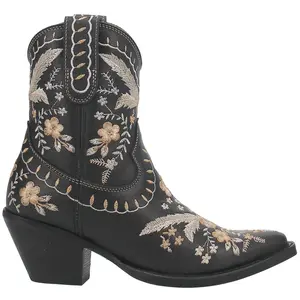 Dingo Womens Primrose Floral Embroidered Pull On Snip Toe  Casual Boots Ankle Mid Heel 2-3" - Black