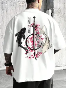 Men's Samurai Sword and Cherry Blossom Graphic Print Loose Fit Long T-Shirt, Casual Streetwear for Daily Wear, Trendy Outdoor Style, Menswear