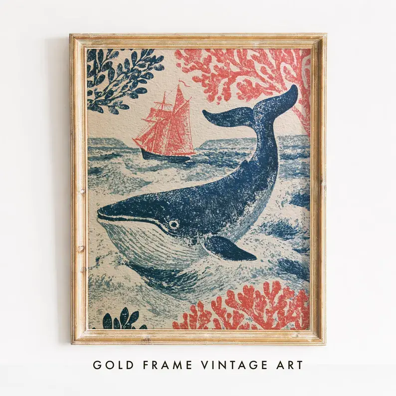 Unframed Nautical Whale Breaching Ocean Waves Poster - Artistic Vintage Coastal Home Decor Photo, Navy Red Tall Ship Retro Cottagecore Print, Digital Printable for Room