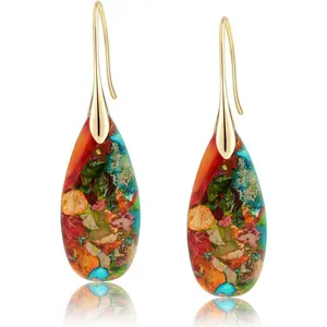 Sriomu Natural Healing Stone Fishhoop Dangle Drop Earrings Statement Gold silver earrings