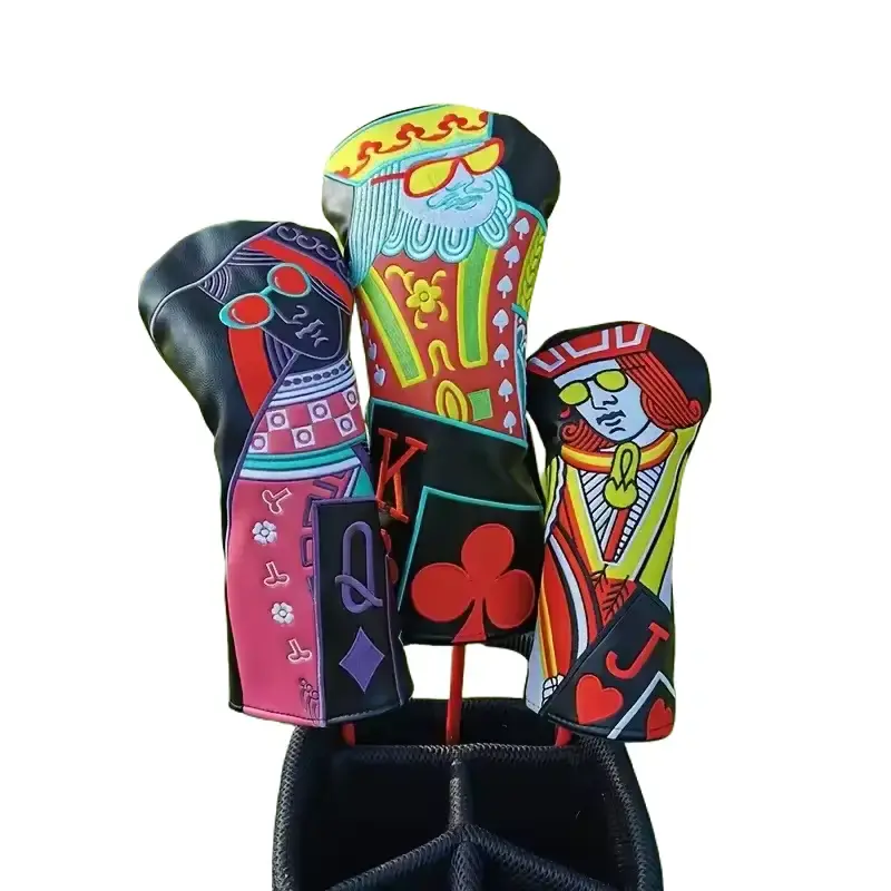 A golf club head cover embroidered with the patterns of the poker cards J, Q and K - Magnetic Buckle Closure | Fits Hybrid, Driver, Fairway Wood & Iron Clubs