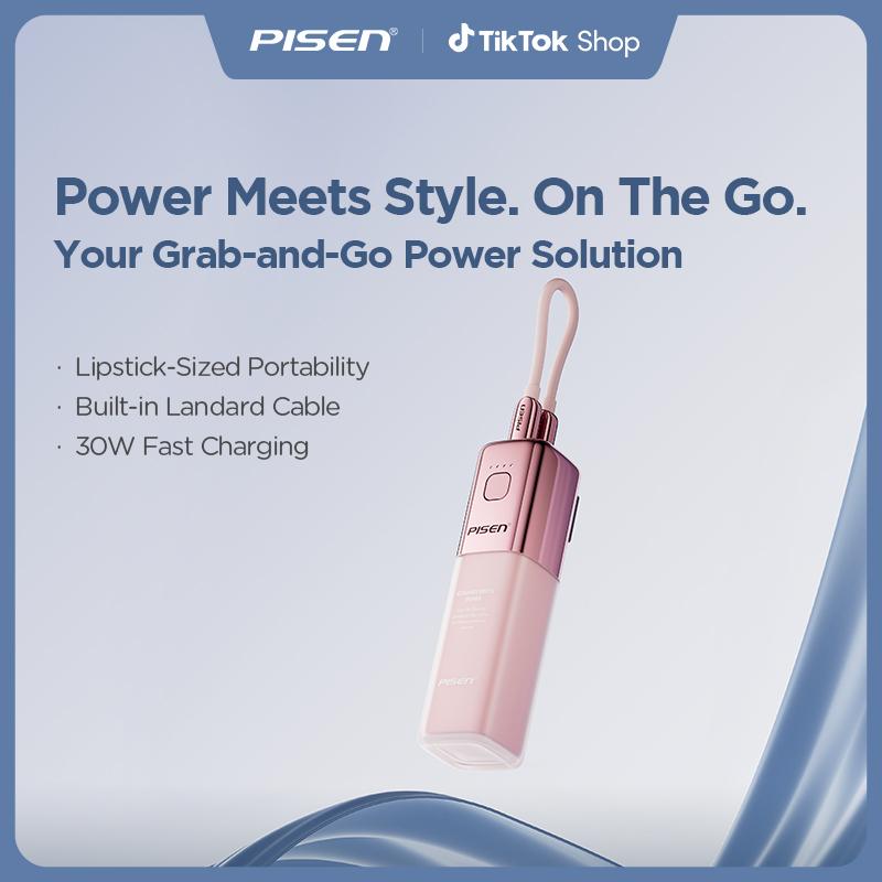 PISEN Glam 5000mAh Mobile Power Bank - 30W Fast Charging, Built-in Wall Charger, Lanyard, Dual Port Compatible, Dual-Mode Switch, Travel Gadget for Smartphone Devices iPhone17/16/15, Android Samsung Galaxy S23/22, Pixel