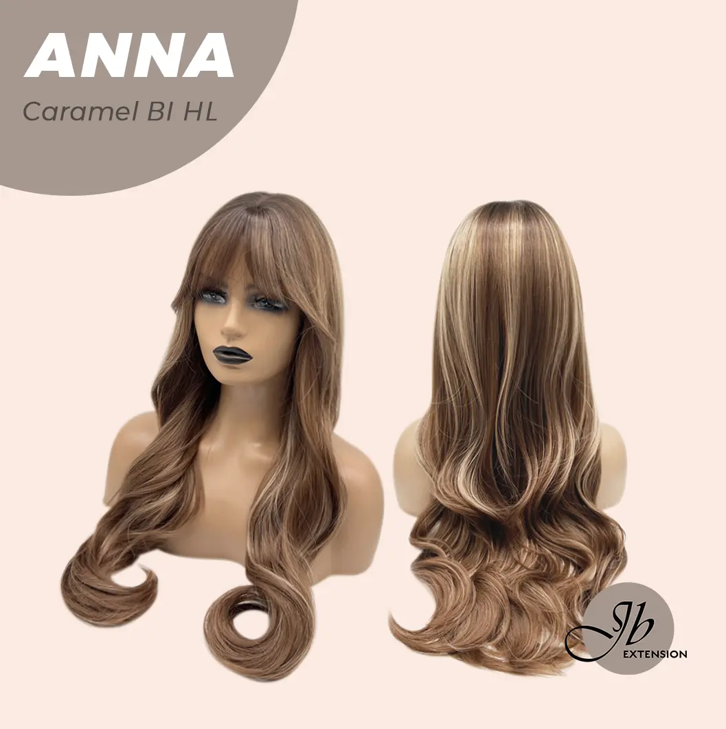 JBEXTENSION 28 Inches Long Curly Caramel Blonde Highlight Wig with Bangs ANNA