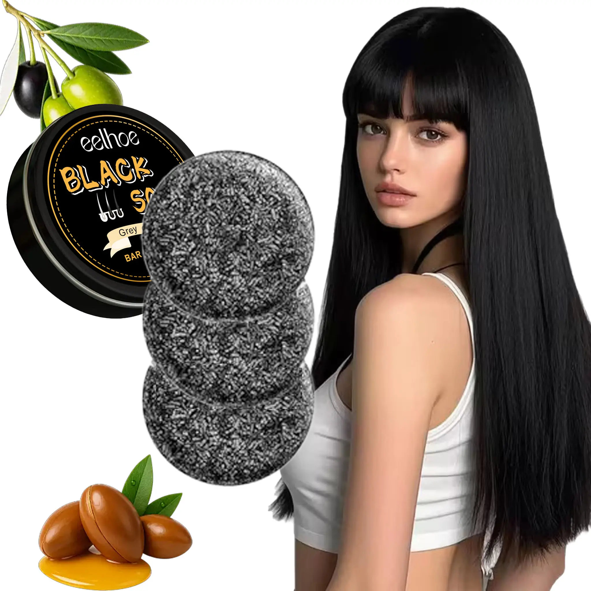 Black Soap Shampoo Bar for Natural Hair Darkening & Gray Coverage - Gentle Plant-Based Formula with Rich Lather, Daily Haircare for Men, Cleanser, Natural Haircare