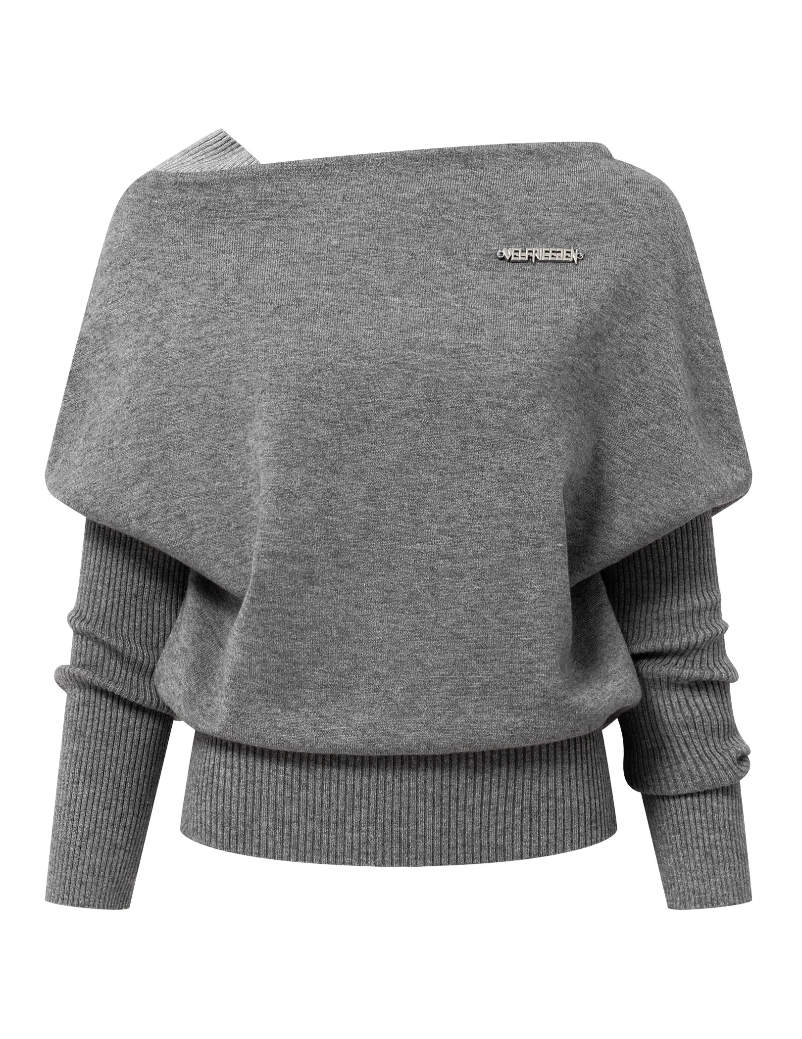 Aelfric Eden Women's Elegant Fitted Off-Shoulder Draped Knit Sweater - Asymmetric Cut, Layered Ribbed Sleeves, Metal Brand Logo Pin, Ribbed Waist Hem, Soft Viscose Fabric, Minimalist Streetwear Vibe Medium-Length Basic Casual Knit Top