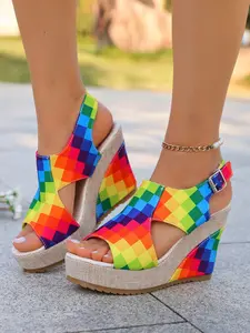 Women's Boho Rainbow Wedge Sandals, Adjustable Back Strap, Thick Sole, Anti-Slip, Comfortable, Multi-Color, Beach Vacation Shoes