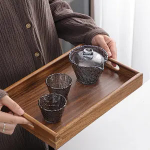 Rectangular Walnut Wood Serving Tray with Handle, Japanese Style Tea Set or Fruit Plate for Home Use, Elegant Serveware for Hotels