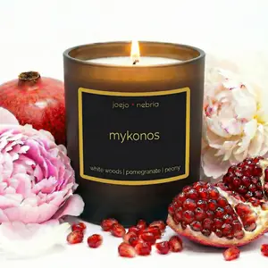 JoeJo + Nebria “Mykonos” — A coconut-apricot wax candle with white woods, pomegranate, and peony. Soft florals meet fruity and woody depth. Comes in a vegan, reusable container.