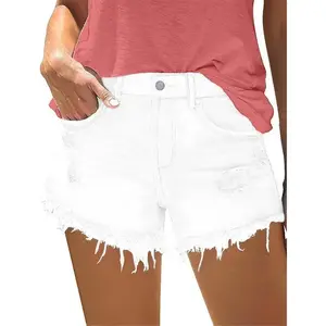 Women's Ripped Mid Waisted Denim Shorts with Pockets Casual Fabric