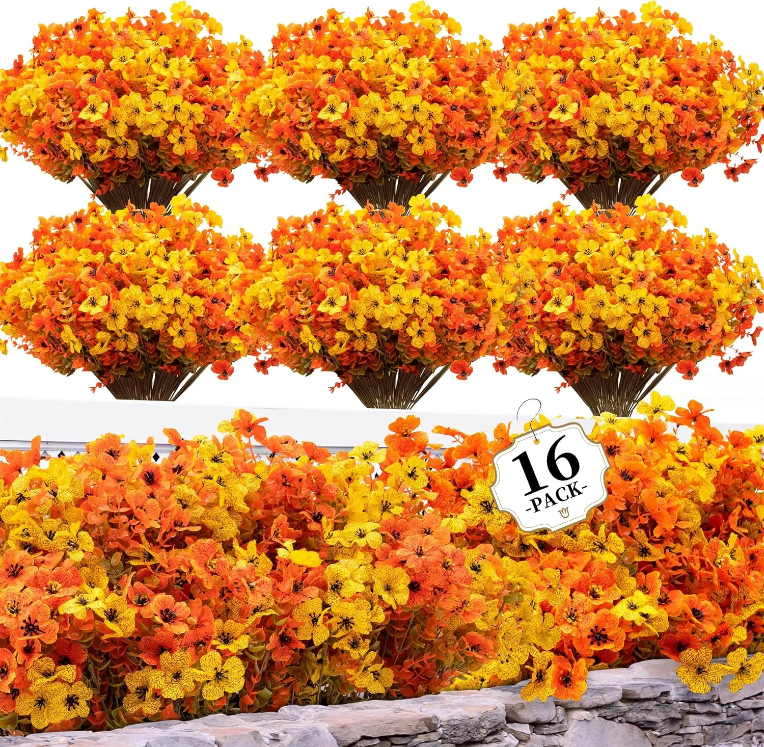 16 Bundles Artificial Mums for Outdoors/Indoors Faux Mums for Outdoor Planters, Eucalyptus Leaves Fall Flowers Artificial for Decoration Boxwood Garden Porch Window Home Wedding