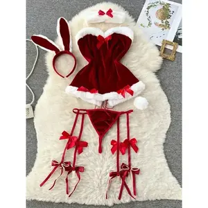 Festive Adult Cosplay Costume - Sexy Christmas Theme Polyester Lingerie with Fuzzy Trim, Bow Details, And Stretch Fabric - Naughty Santa Dress Up Outfit Womenswear Clothes Spandex 【Red】