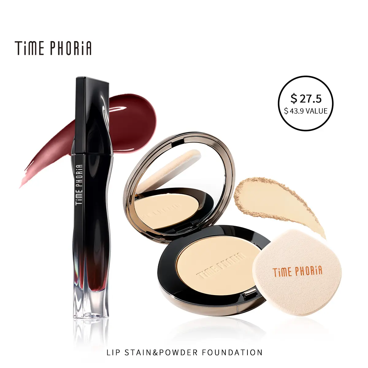 [HOT 2PCS] TIMEPHORIA Stellar Dust Lip Stain + Timeless Optima Cover Blur Powder Foundation Flawless Blurring Finish, High Coverage Tint, Long-lasting & Moisturizing Makeup Kit