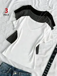 Women's 3-Piece V-Neck Short Sleeve T-Shirt Set, Slim Fit Casual Top, Soft Elastic Y2K Layering Tee, Fashion for Teens and Young Women