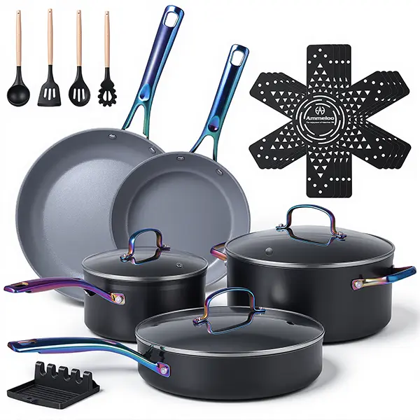17-Pc Nonstick Ceramic Pots and Pans Set - Lead & Cd/PFOA/PFOS-Free, Colored Stay-Cool Handles, All-Stovetop & Induction Ready, Oven-Safe, Dishwasher-Safe Cooking Cookware Set