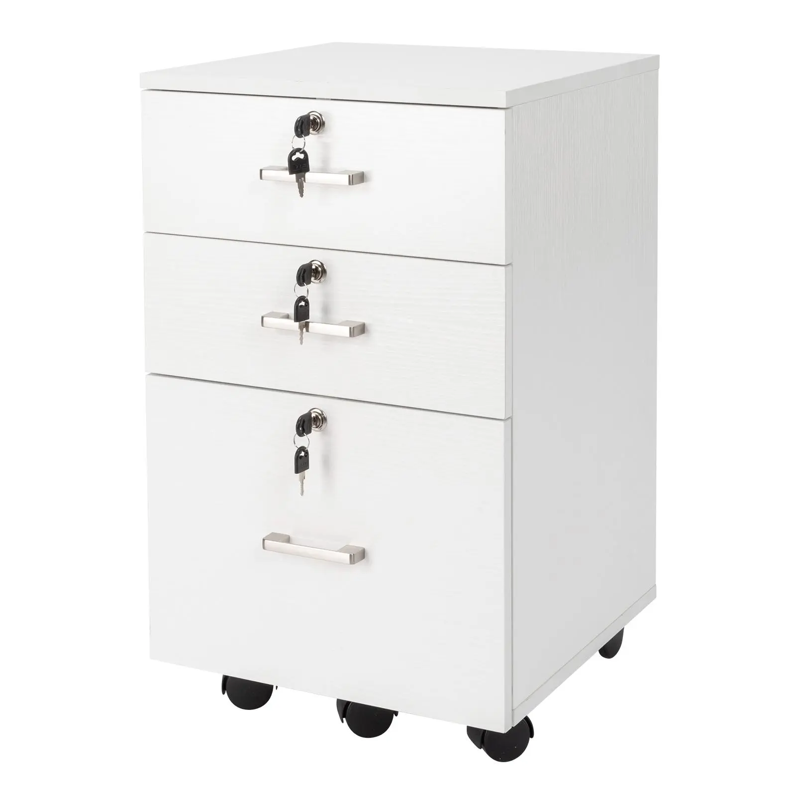 FCH White Wood Grain Density Board 3-Drawer Filing Cabinet with Pulleys, Formaldehyde-Free Office Furniture for Restaurant, Craft Room, Kitchen, Cafe