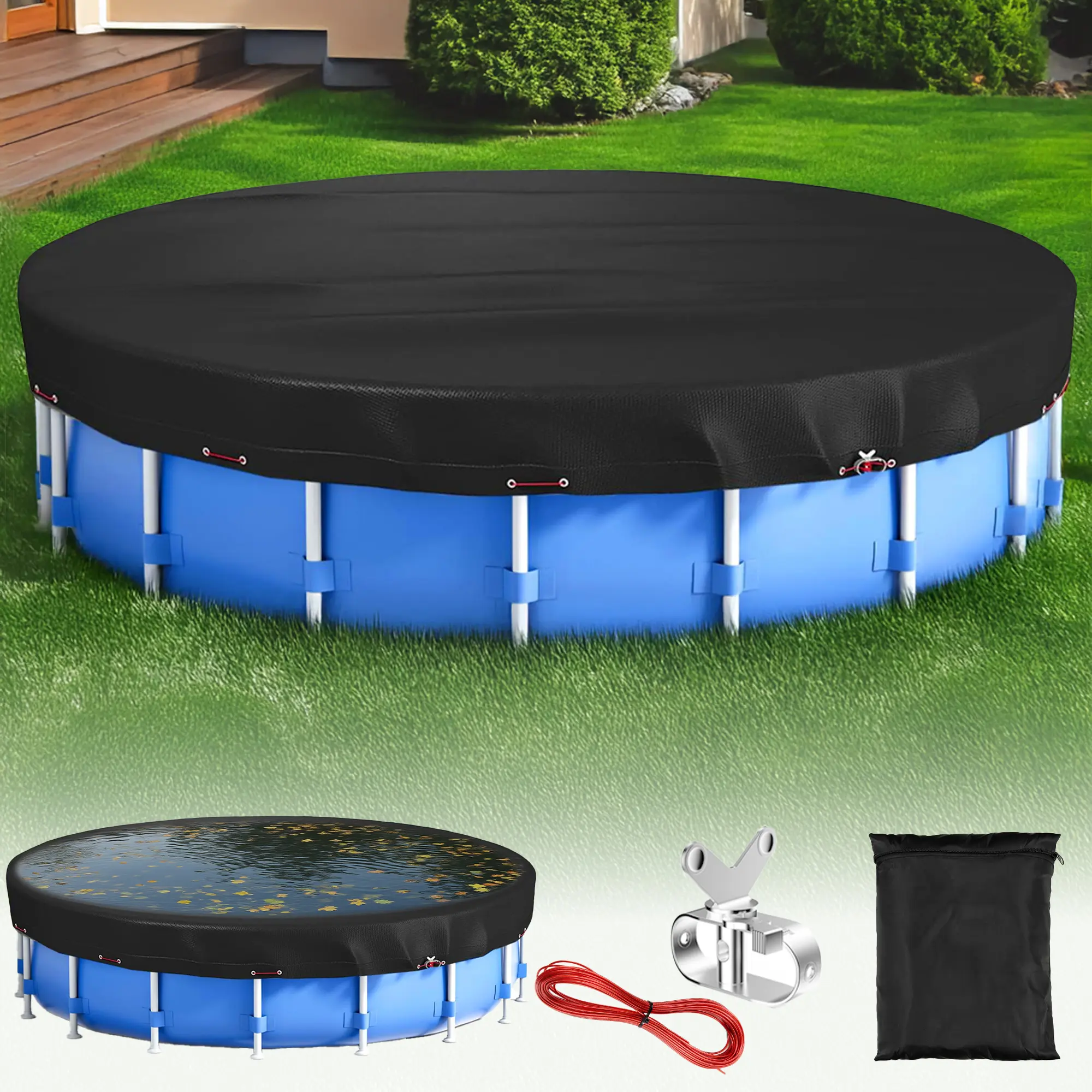 22FT round pool cover for above-ground round pools. It is waterproof, sun-shading, and UV-resistant, helping maintain stable water quality. It features a heavy-duty mechanical locking system with strong wind resistance and excellent stability.