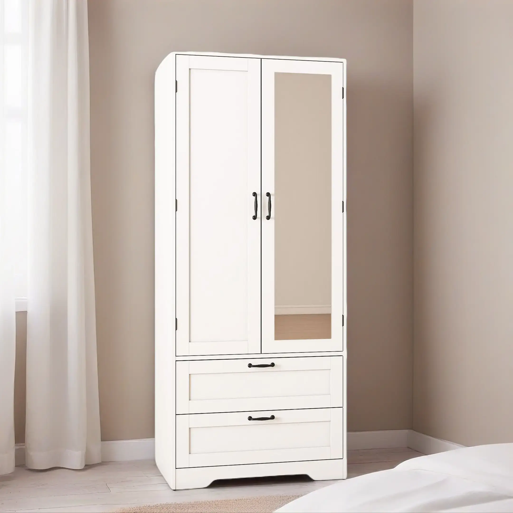 Sturdy Wood Mirrored Armoire Closet - Freestanding Wardrobe with Full-Length Mirrored Doors, 2 Drawers, Spacious Storage Rod, Anti-Tip Kit, Closet Storage Solution for Bedroom, Apartment - Assembly Required, Closet Organization
