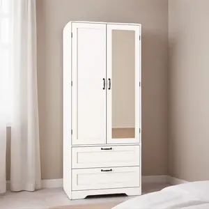 Modern Freestanding Closet Wardrobe with Full-length Mirrored Doors 2 Drawers Spacious Bedroom Storage Rod Anti-Tip Kit for Bedroom Apartment Cloak Room