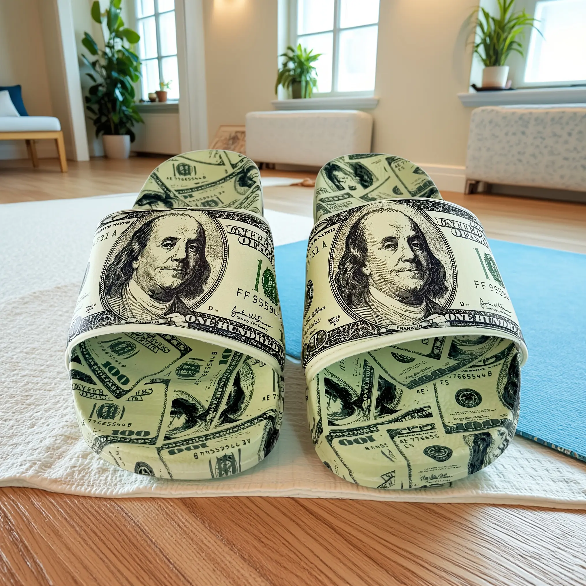 Men's Dollar Bill Print Slide Slippers, Lightweight and Comfortable Hip Hop Style Footwear for Indoor and Outdoor Use, Slipper, Flipflop, Shoe, Comfortable Slide Shoes, Dollar Bill Printing Pattern, Pvc Sole, All Seasons