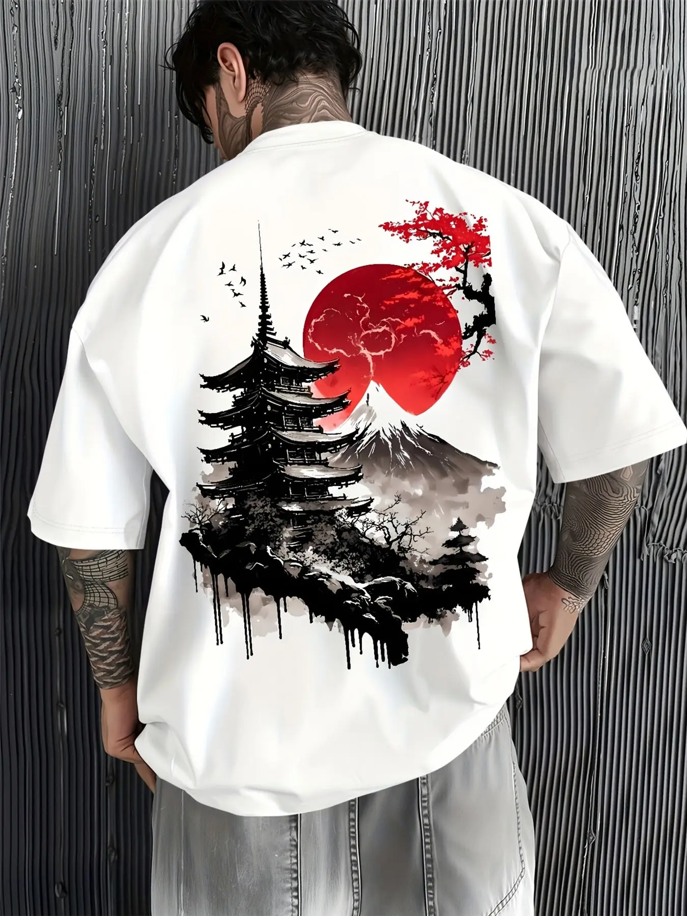 Men's Japanese Art Print T-Shirt Apparel T Shirt Casual Summer Tee Oversized Fit Pagoda Mount Fuji Red Sun Graphic Casual Streetwear Menswear Short Sleeve Top For Men