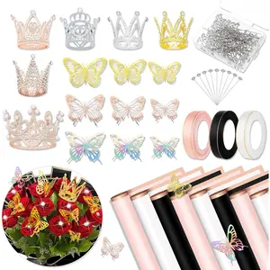Bouquet Wrapping Paper Kits, 60Sheets  Flower Wrapping Paper, Floral Wrapping Paper Bouquet in Black  Beige With Ribbons, Flower Pins, 3D Butterflies & Crowns for Florist Wrap (BAO-HUA-A2)