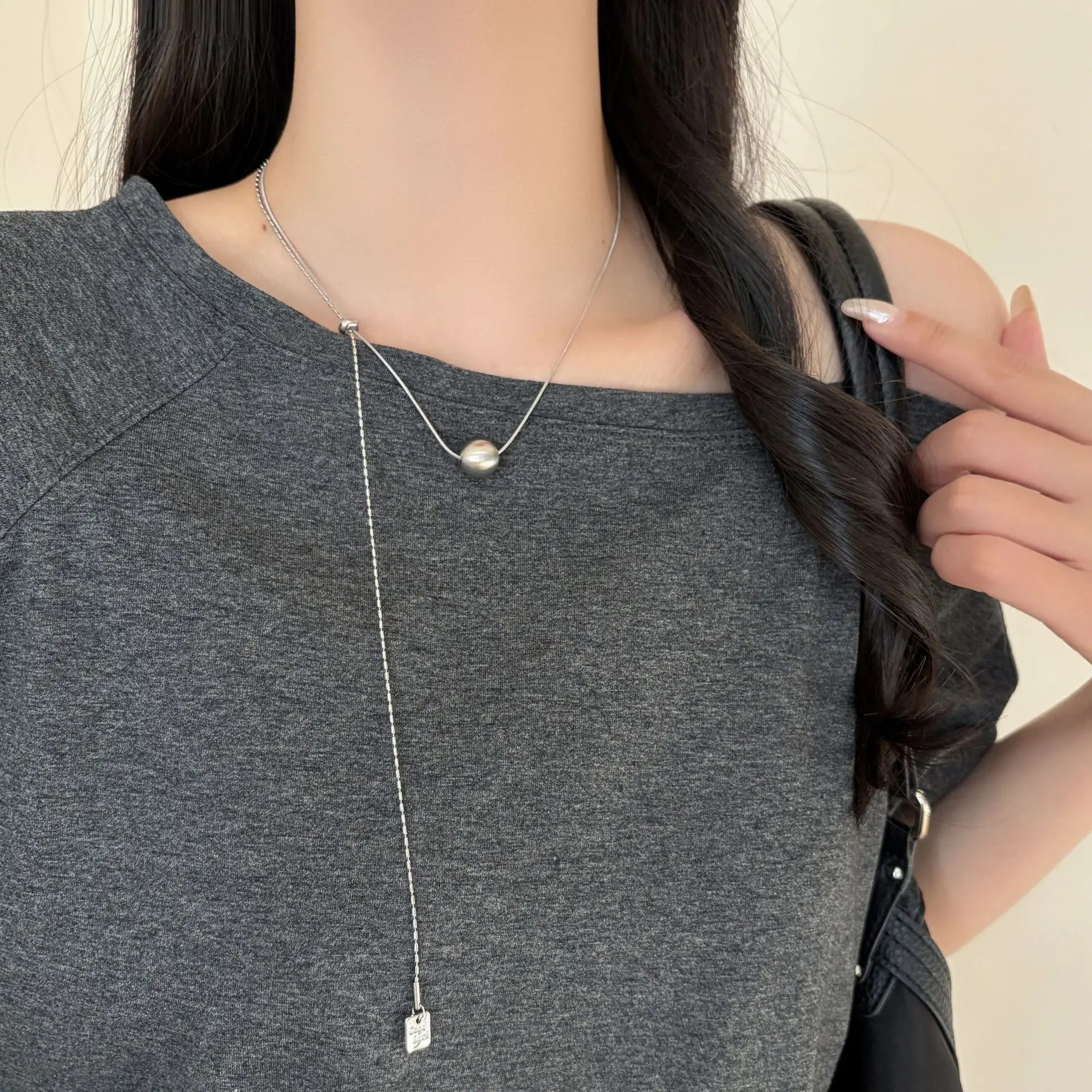 Adjustable Ball Tassel Square Pendant Snake Chain Necklace