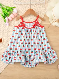 1pcs Girls' Summer Strap Fruit Print Dress, Sweet & Cute Design, Fashionable Kids Clothing, Trendy Apparel, Perfect for Casual Wear