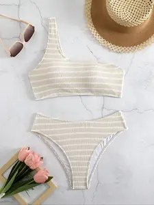 Women's Sexy Bikini Set, Striped Pattern, Fitted Design, Single Shoulder Top, Beachwear Swimwear, Bikini Swimsuit Set, Perfect for Swimming & Photography