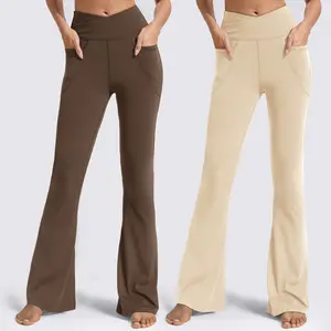 Showitty Women's 2-Pack Plus Size Crossover High-Waisted Flare Leggings with Pockets, Sports Bottoms for Workout