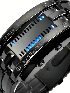 Men's Cool Binary Stainless Steel LED Watch, Bracelet Watch, Fashion Blue Light Sports Watch, Vacuum Plated, Fashionable Digital Watch, Fashion Watches