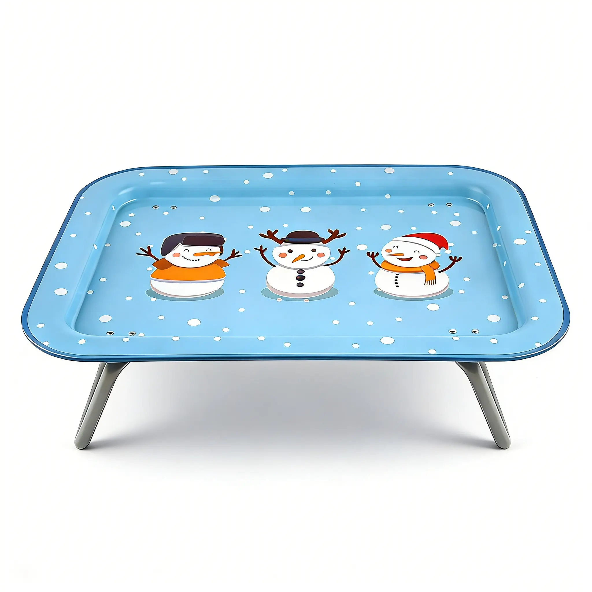 Sky Blue Snowman Rectangular Metal Lap Desk Bed Tray - Foldable Legs, Arc Design, 17x12 in, 1.2 lbs, Space-Saving, Children-Focused, Comfortable Grip Handles, Assembly Required Kitchen Tableware Tray