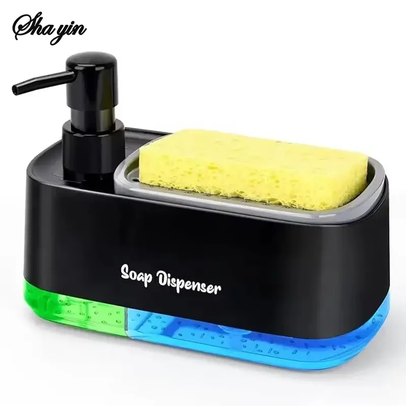 Three-in-one hand soap and dishwashing liquid dispenser set, equipped with a sponge holder, suitable for dual-sink kitchen wash liquid pump organizer